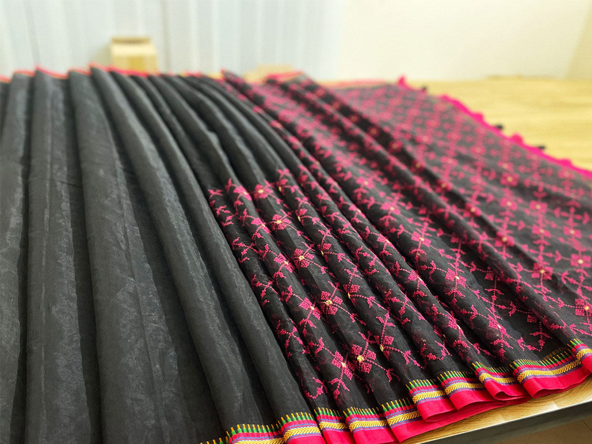 Black Embroidered Half Silk Saree