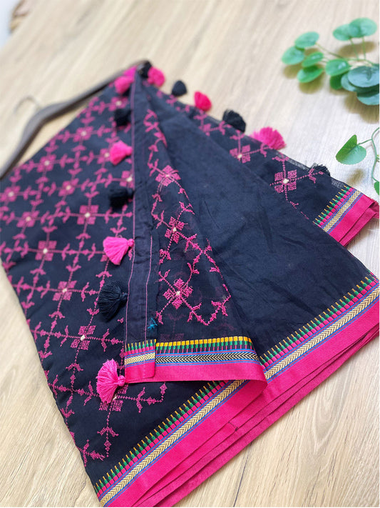 Black Embroidered Half Silk Saree