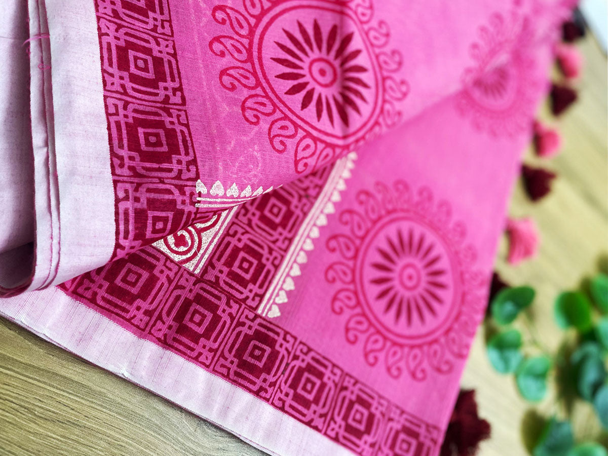 Pink colored block printed half silk saree 2 