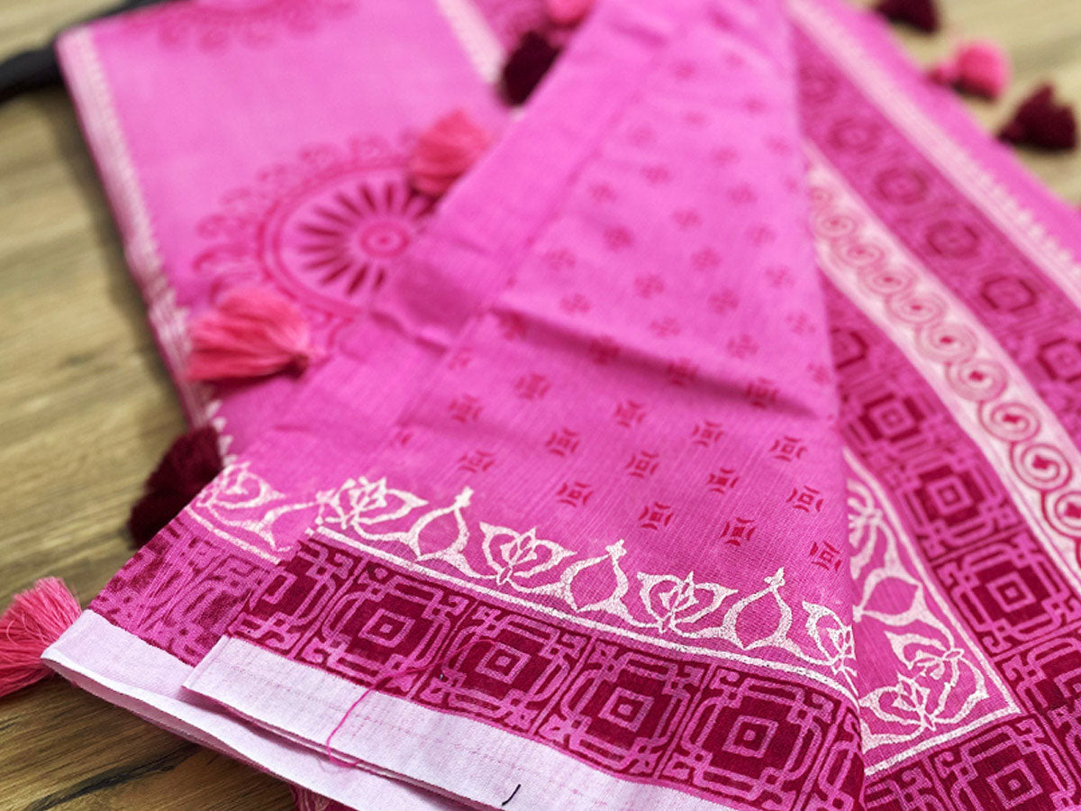 Deep pink colored block printed half silk saree 3