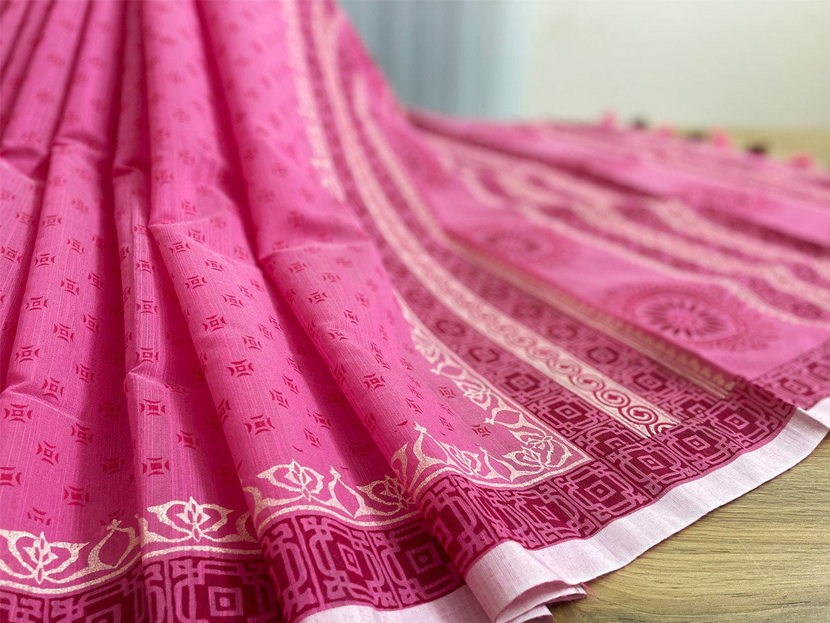 Pink colored block printed half silk saree 4