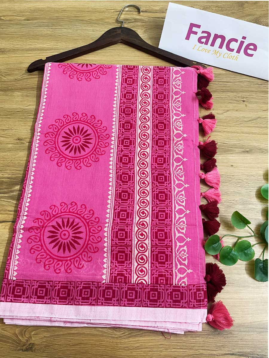 Pink colored block printed half silk saree