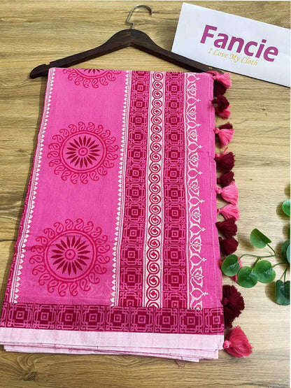 Pink colored block printed half silk saree