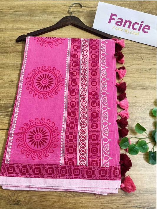 Pink colored block printed half silk saree
