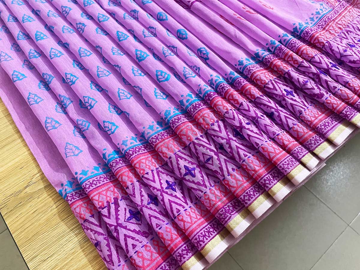 Lavender Color Half Silk Block Print Saree 3