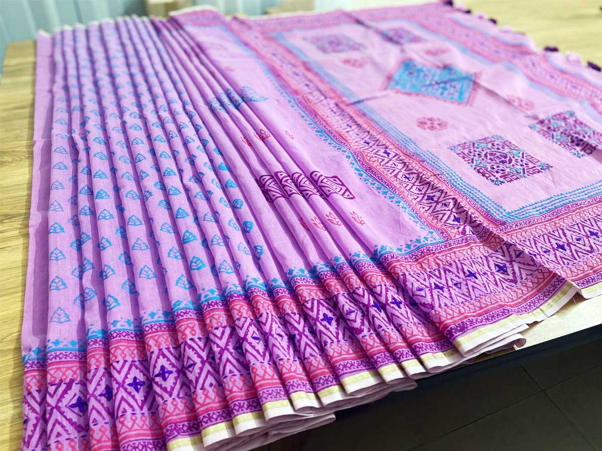 Lavender Color Half Silk Block Print Saree 4