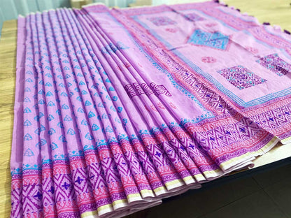 Lavender Color Half Silk Block Print Saree 4