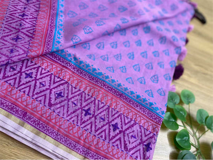 Lavender Color Half Silk Block Print Saree 2