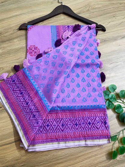 Lavender Color Half Silk Block Print Saree