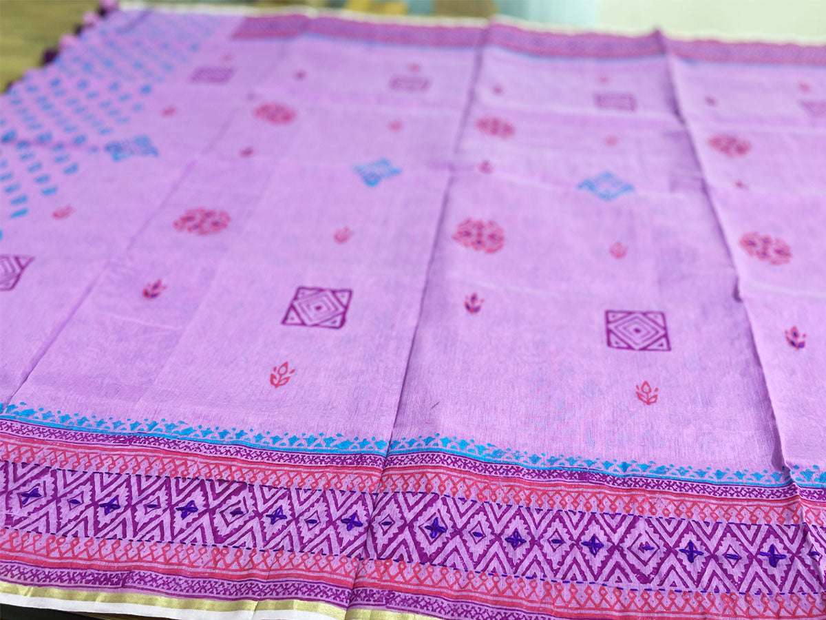 Lavender Color Half Silk Block Print Saree 5